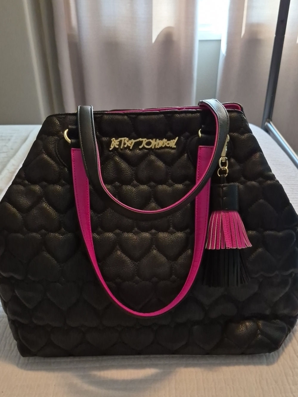 Betsey Johnson Black and Hot Pink Quilted Heart Tote with Tassel